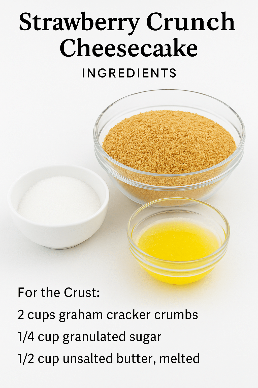 Strawberry Crunch Cheesecake crust ingredients displayed in bowls: graham cracker crumbs, granulated sugar, and melted butter, with recipe text overlay.
