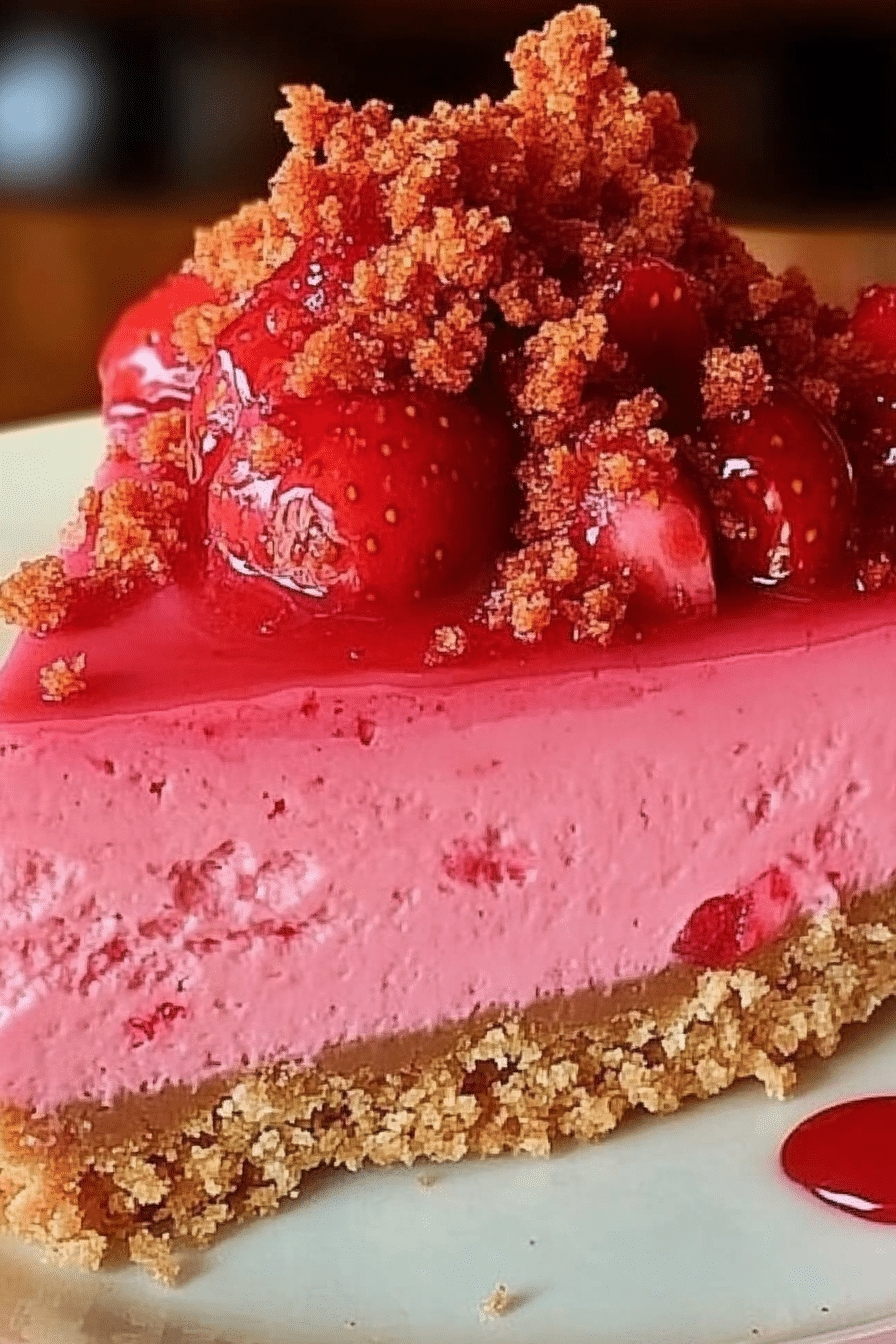 Side view of a slice of Strawberry Crunch Cheesecake topped with strawberry glaze and crunchy crumbles on a white plate.