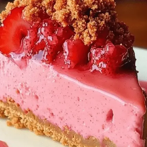 Close-up of a slice of Strawberry Crunch Cheesecake with whole glazed strawberries and golden crumb topping.