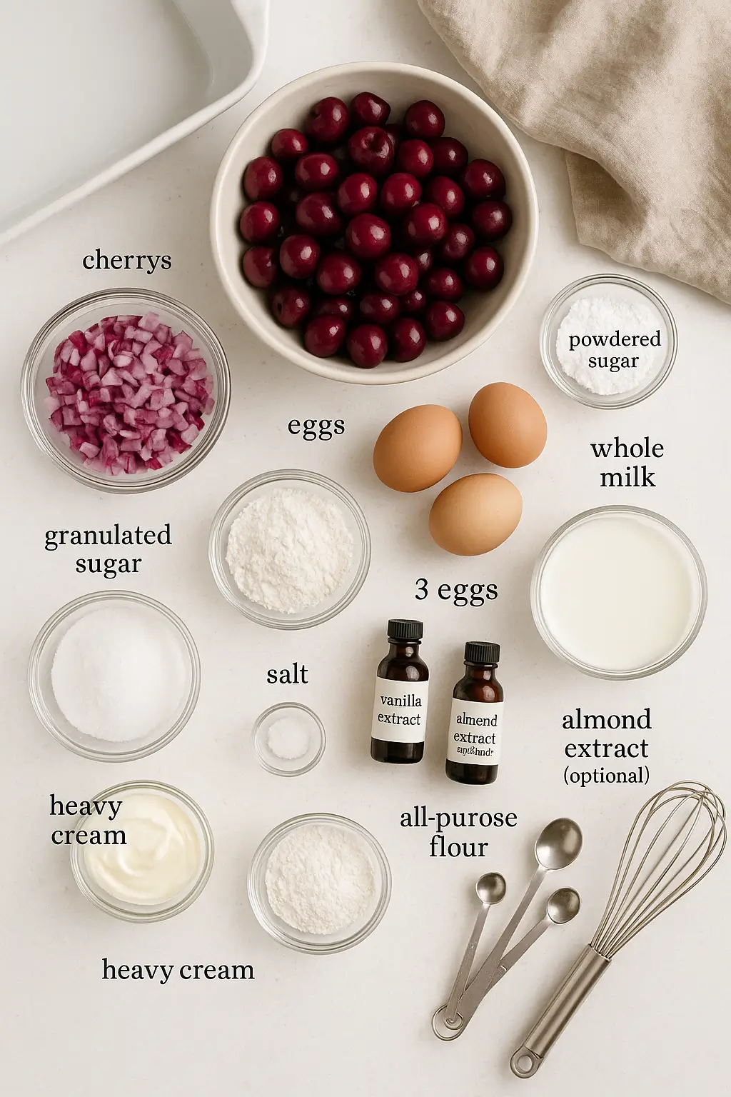 Labeled flatlay of ingredients for cherry clafoutis, including fresh cherries, eggs, milk, flour, sugar, extracts, cream, and a whisk on a white background.