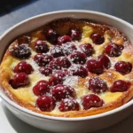 Classic French cherry clafoutis dusted with powdered sugar in a white ramekin, served on a white plate in natural light.