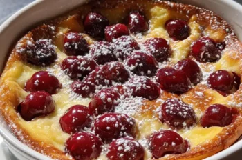 Classic French cherry clafoutis dusted with powdered sugar in a white ramekin, served on a white plate in natural light.