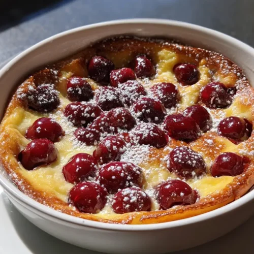 Classic French cherry clafoutis dusted with powdered sugar in a white ramekin, served on a white plate in natural light.