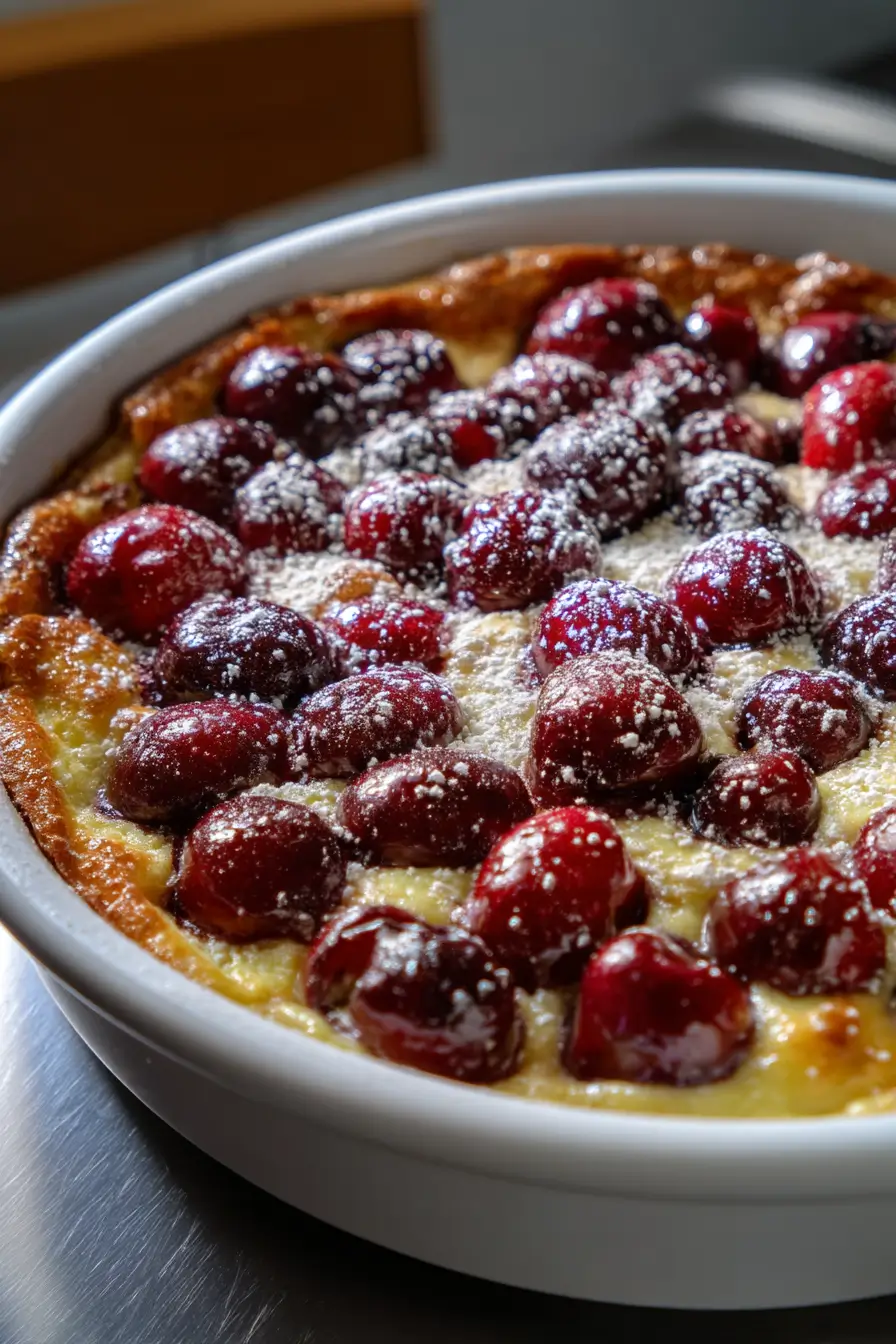 Close-up of freshly baked cherry clafoutis with golden edges and juicy cherries dusted with powdered sugar.