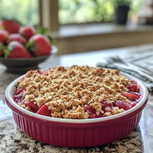 Single serving of strawberry rhubarb crumble on a pink plate with