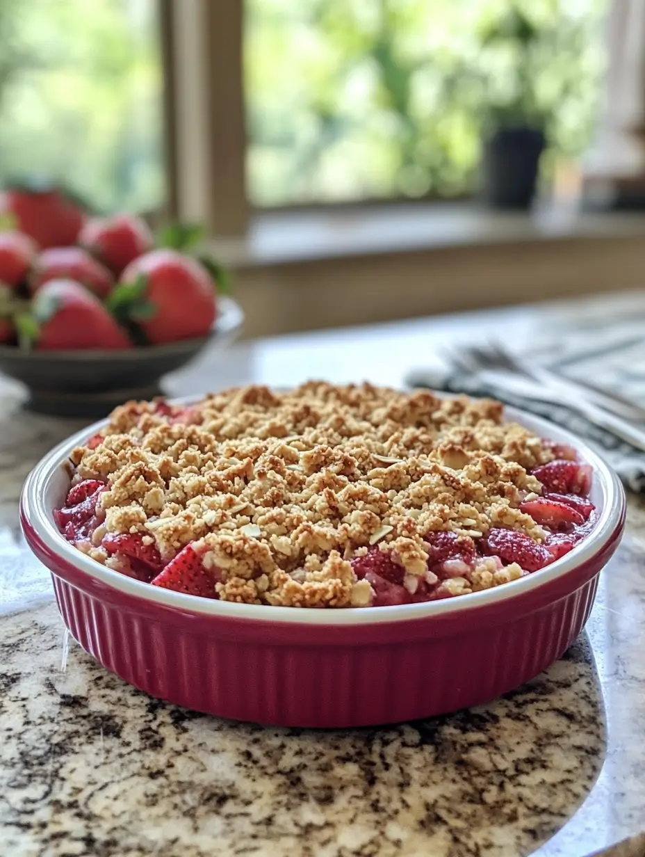 Single serving of strawberry rhubarb crumble on a pink plate with