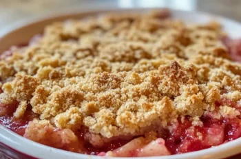Single serving of strawberry rhubarb crumble on a pink plate with