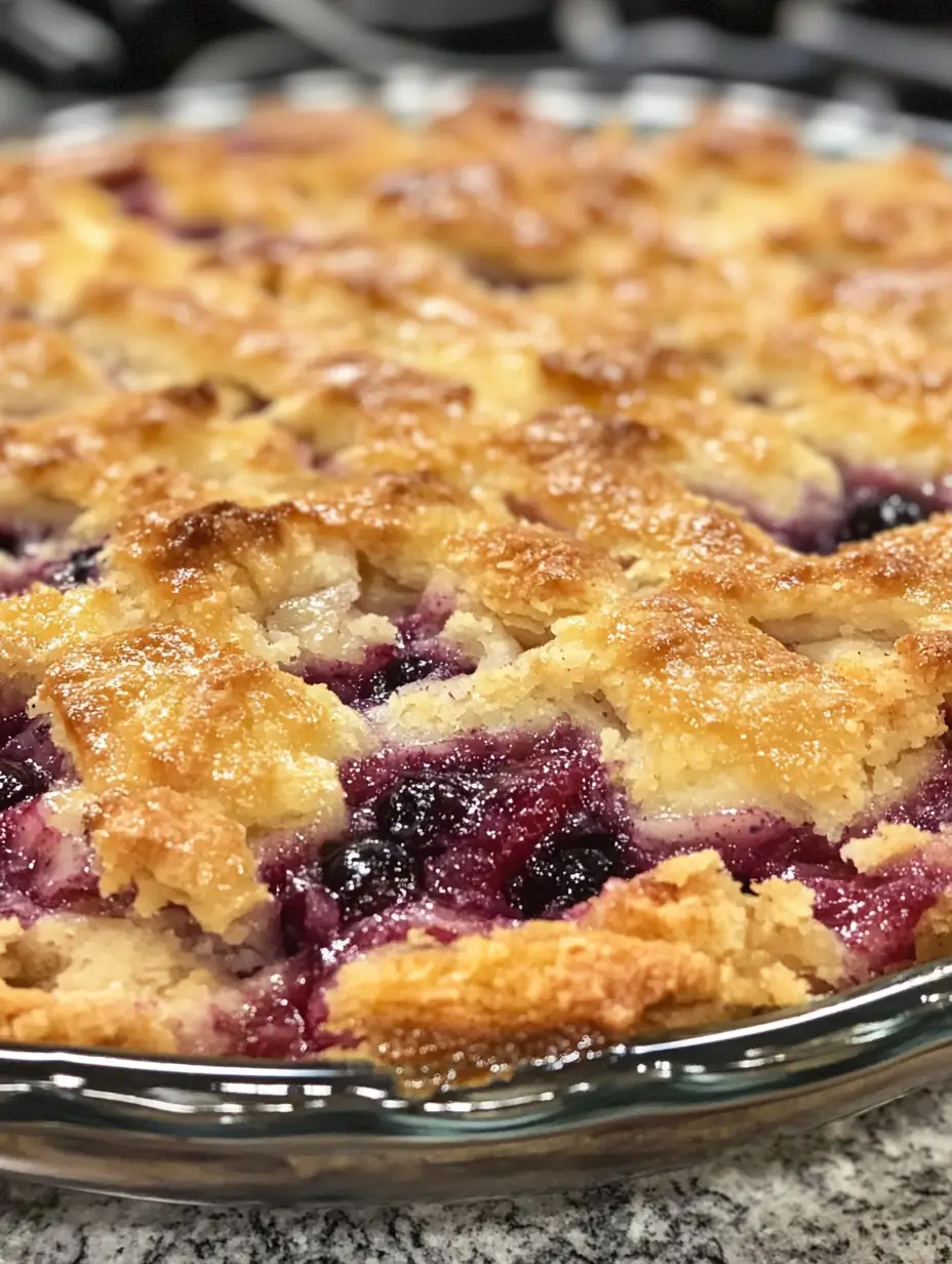 Close-up of baked Rhubarb Blueberry Cobbler with golden biscuit topping and bubbling blueberry-rhubarb filling in a white ceramic dish