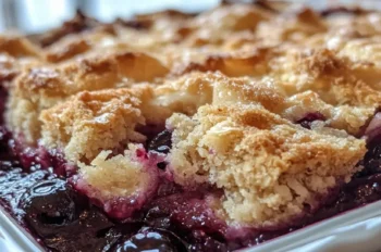 Close-up of Rhubarb Blueberry Cobbler in a white baking dish with crispy golden topping and juicy blueberries in a vibrant purple filling