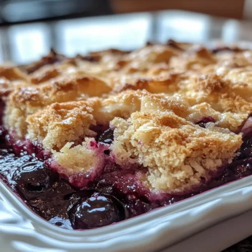 Close-up of Rhubarb Blueberry Cobbler in a white baking dish with crispy golden topping and juicy blueberries in a vibrant purple filling