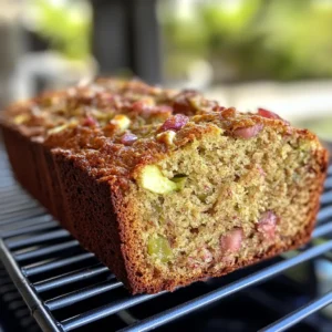 Moist and tender Rhubarb Zucchini Bread slice showing chunks of fresh rhubarb and shredded zucchini inside.