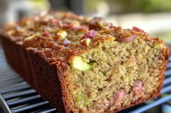 Moist and tender Rhubarb Zucchini Bread slice showing chunks of fresh rhubarb and shredded zucchini inside.