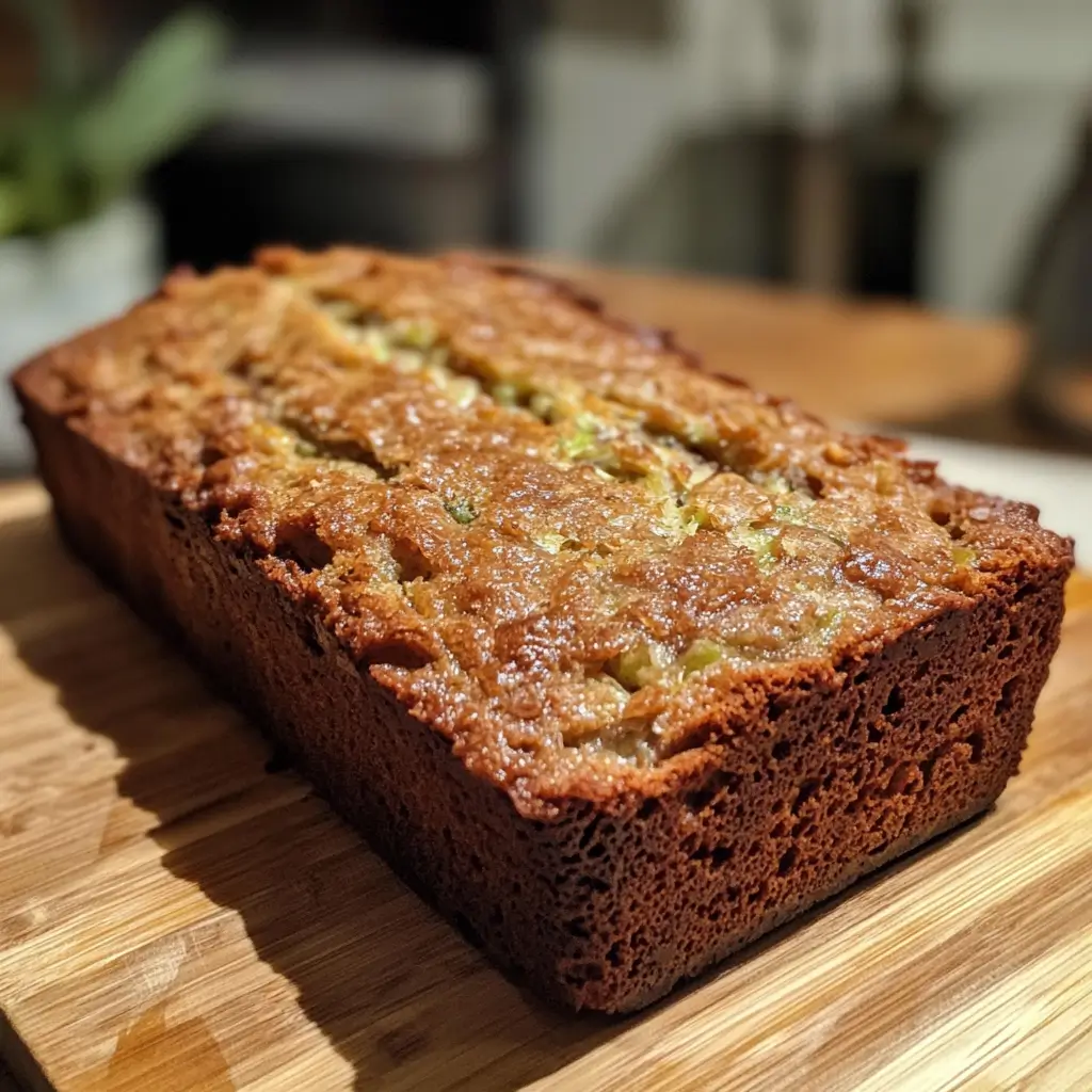 Freshly baked Rhubarb Zucchini Bread loaf resting on a wooden cutting board with a golden crust.
