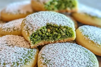 Homemade pistachio wedding cookies on a white plate