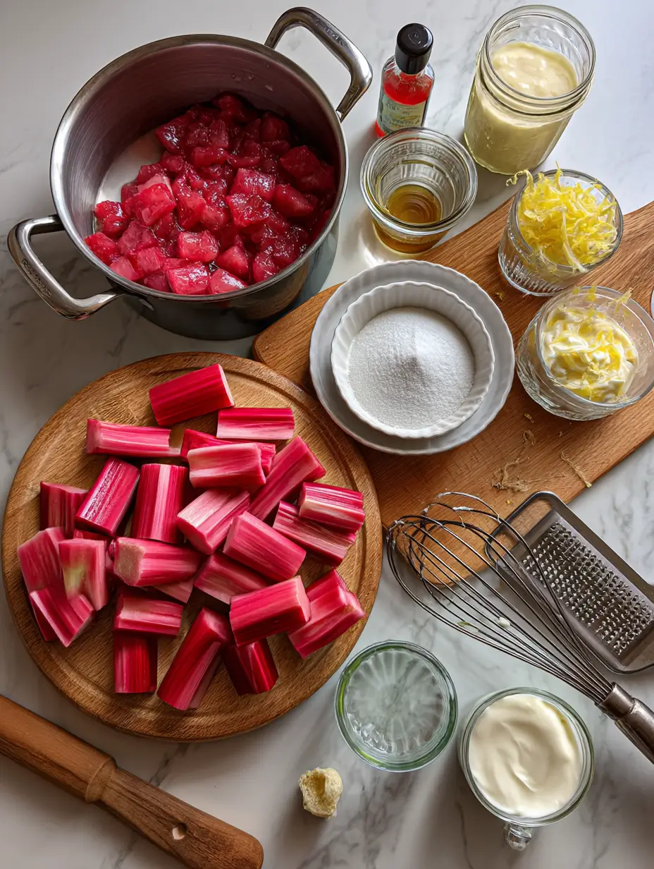 A top-down view of rhubarb fool ingredients including chopped raw rhubarb, sugar, lemon zest, cream, ginger, and flavorings arranged on a countertop with utensils.