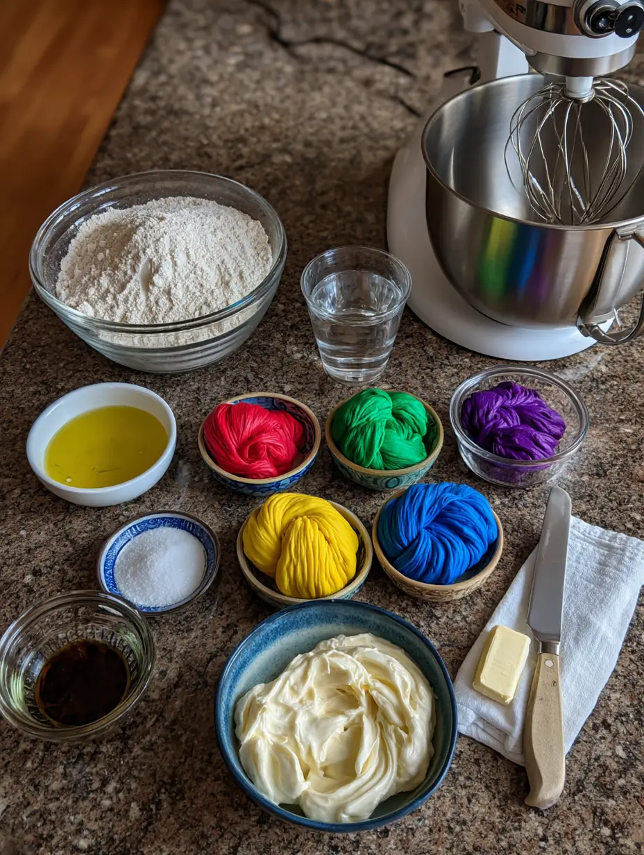 Various ingredients for making rainbow bagels arranged on a kitchen countertop, including flour, water, food coloring dough balls in rainbow colors, cream cheese, and a stand mixer.