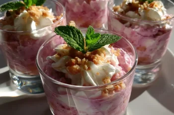 Four servings of rhubarb fool in clear glasses, each layered with whipped cream, crumble topping, and garnished with fresh mint leaves on a white plate.