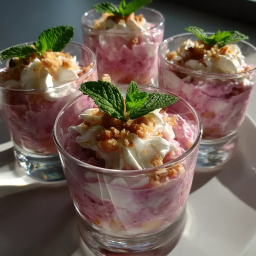 Four servings of rhubarb fool in clear glasses, each layered with whipped cream, crumble topping, and garnished with fresh mint leaves on a white plate.