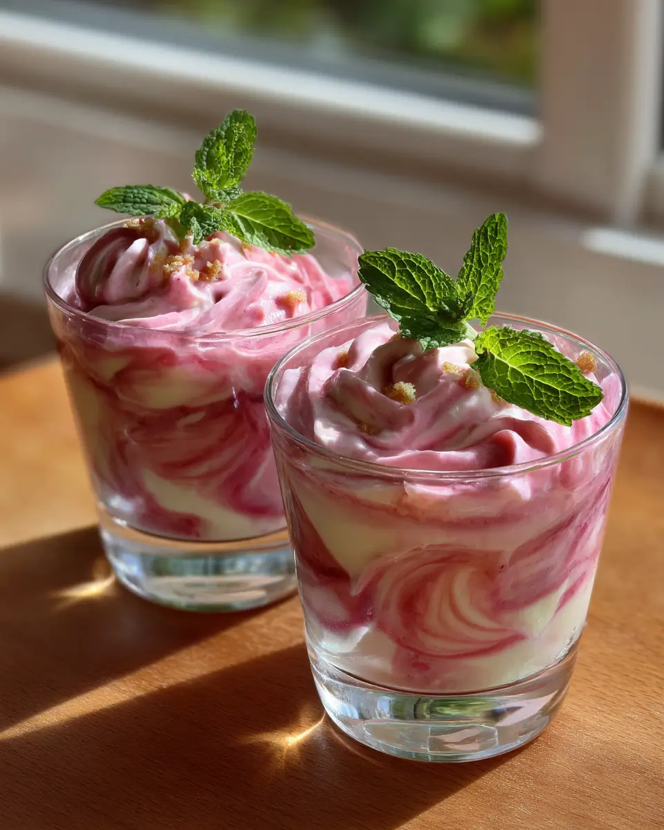 Two glasses of rhubarb fool with vibrant pink and cream swirls, topped with a fresh mint sprig, sitting in natural sunlight by a window.