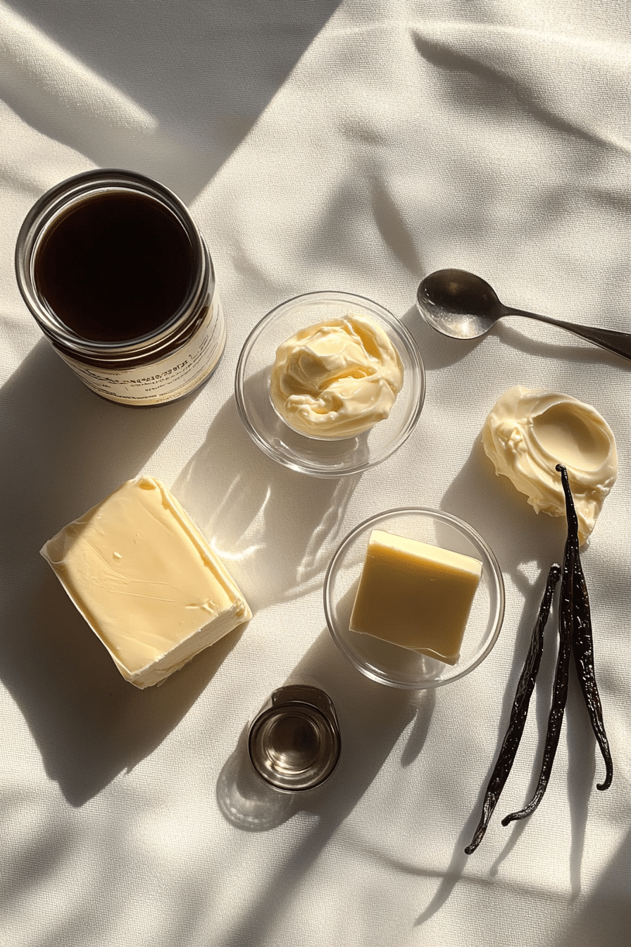 Flat lay of Russian buttercream ingredients including butter, sweetened condensed milk, vanilla extract, and vanilla beans on a sunlit fabric surface.