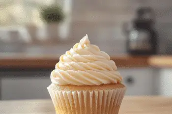 Single cupcake with piped Russian buttercream frosting on a wooden surface, lit by soft afternoon sunlight in a cozy kitchen setting.
