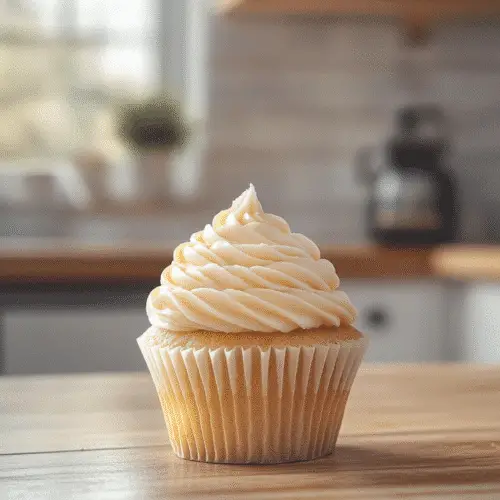Single cupcake with piped Russian buttercream frosting on a wooden surface, lit by soft afternoon sunlight in a cozy kitchen setting.