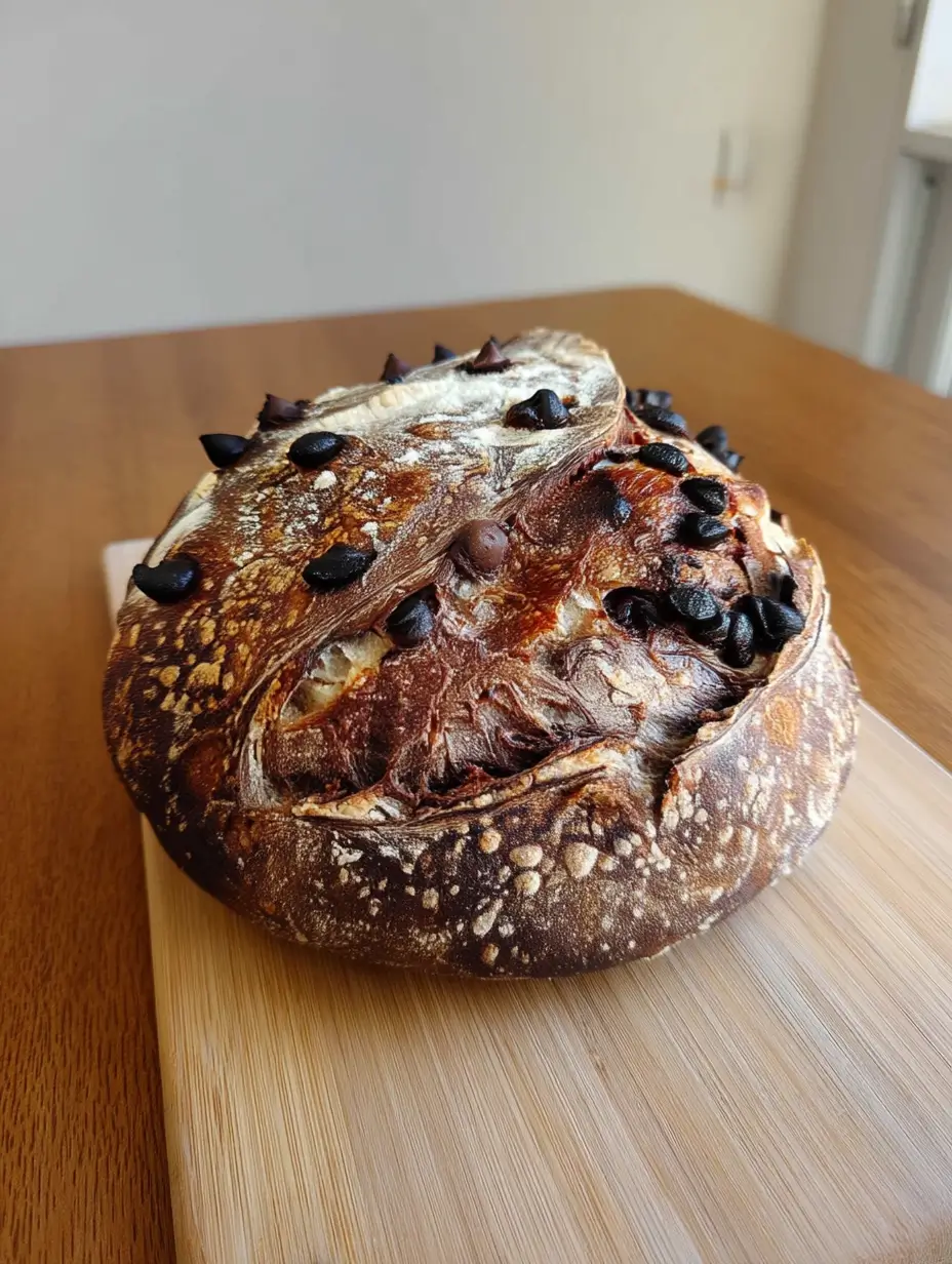 Crusty chocolate marbled sourdough loaf with visible chocolate chips and a golden-brown crackled crust