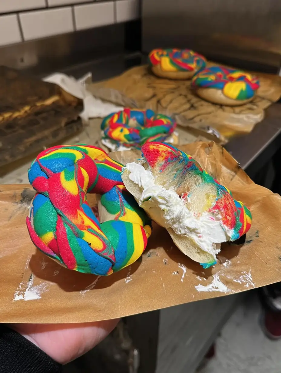 A hand holding a rainbow bagel with whipped cream cheese, with several unfilled rainbow bagels resting on parchment paper in the background.