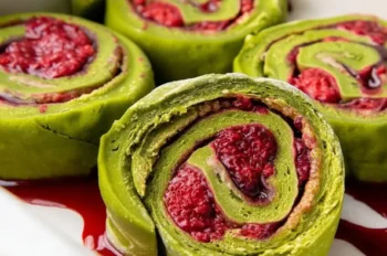 Close-up of vibrant green matcha raspberry rolls with a red berry swirl, placed in a white baking dish.