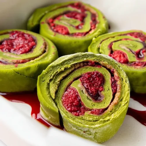 Close-up of vibrant green matcha raspberry rolls with a red berry swirl, placed in a white baking dish.