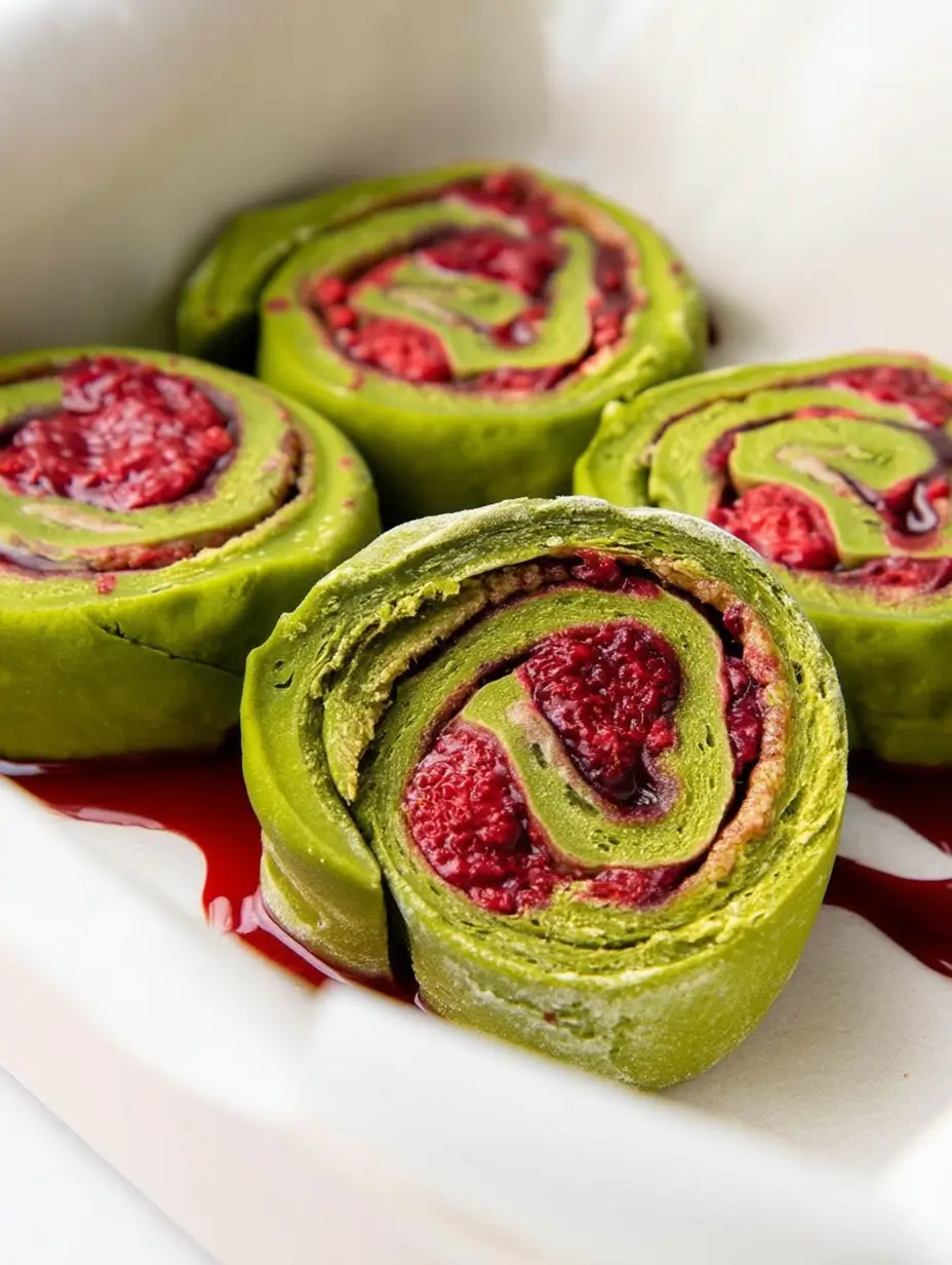 Close-up of vibrant green matcha raspberry rolls with a red berry swirl, placed in a white baking dish.