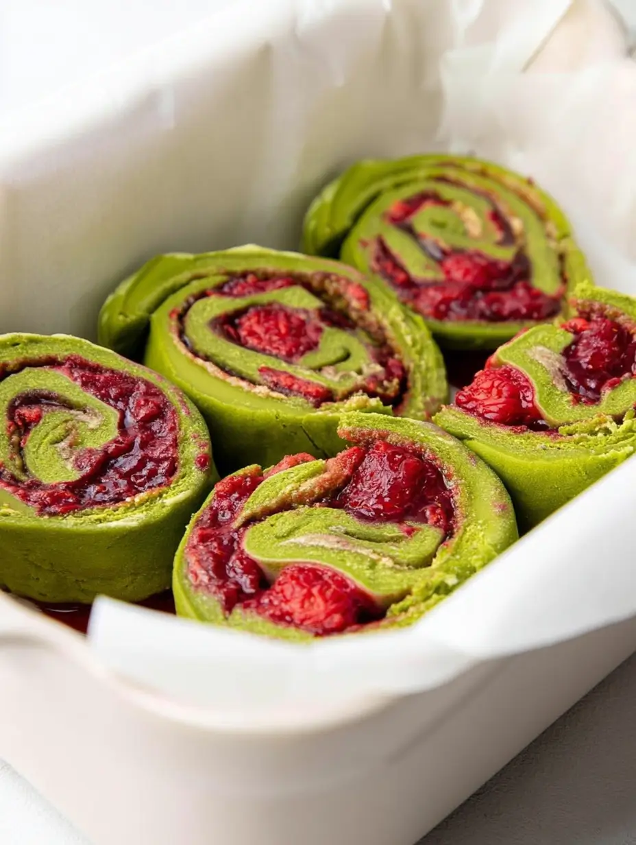 Swirled sweet rolls made with green matcha dough and raspberry filling, showing detailed texture and color contrast