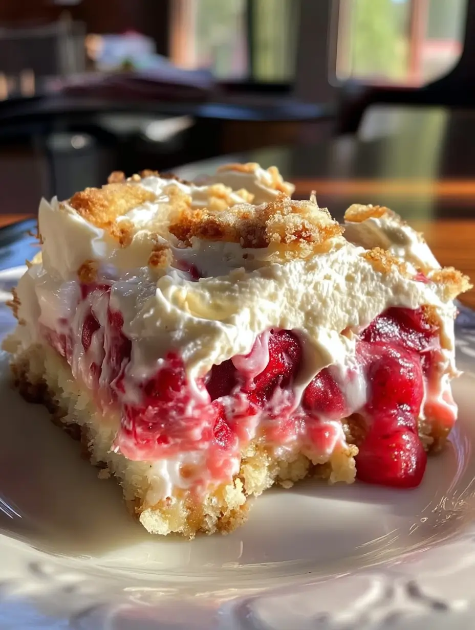 Creamy strawberry rhubarb dessert bar featuring visible layers of whipped topping, strawberry-rhubarb compote, and a golden cookie base.