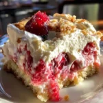 Homemade no-bake strawberry rhubarb cake with a crumb topping, served in natural light on a ceramic plate.