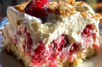 Homemade no-bake strawberry rhubarb cake with a crumb topping, served in natural light on a ceramic plate.