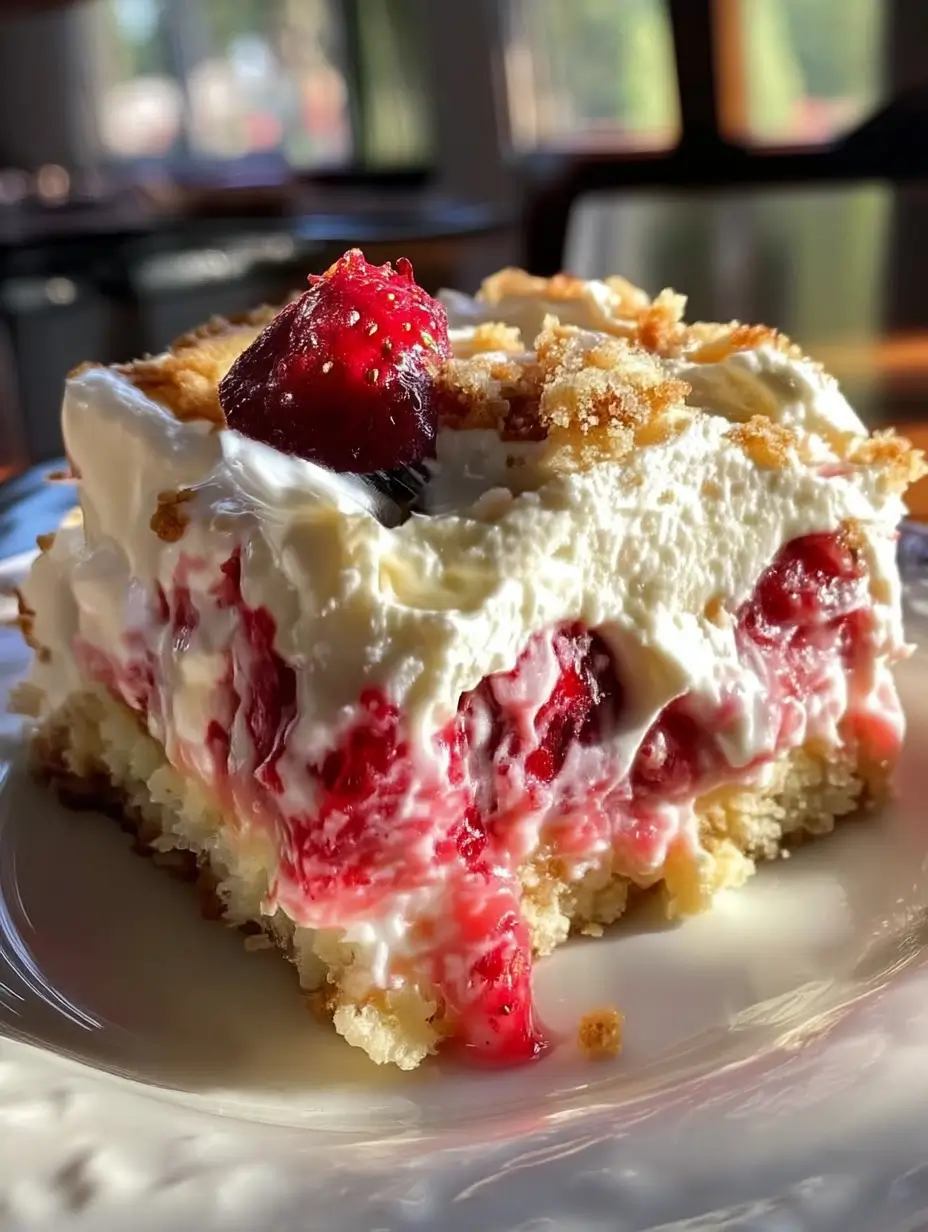 Homemade no-bake strawberry rhubarb cake with a crumb topping, served in natural light on a ceramic plate.