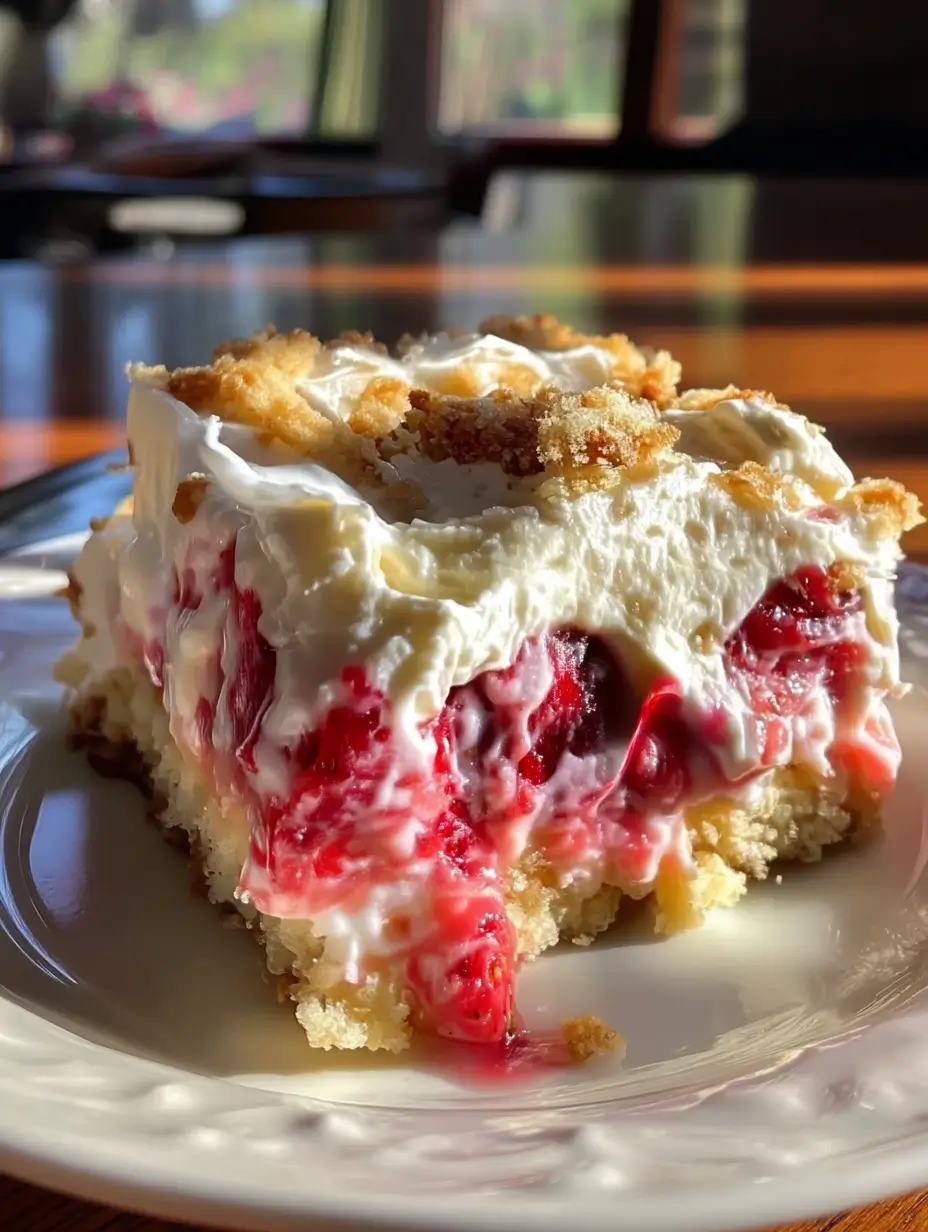 A close-up of a slice of strawberry rhubarb icebox cake with layers of whipped cream, fruit filling, and cookie crust on a white plate.