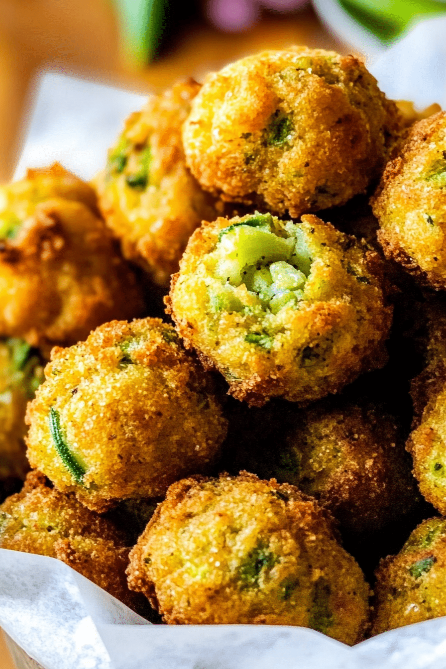 A batch of golden-brown okra hush puppies served in a parchment-lined basket, with one fritter split open to show its tender, vegetable-filled center; a visually appealing Southern appetizer made with cornmeal and fresh okra.