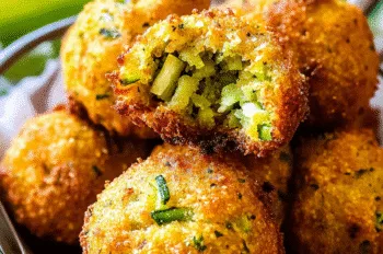 Close-up of crispy okra hush puppies stacked in a rustic bowl, with one hush puppy broken open to reveal a soft interior filled with chopped okra and herbs, showcasing the golden, crunchy texture of Southern-style cornmeal fritters.