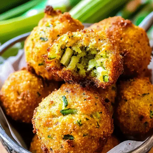 Close-up of crispy okra hush puppies stacked in a rustic bowl, with one hush puppy broken open to reveal a soft interior filled with chopped okra and herbs, showcasing the golden, crunchy texture of Southern-style cornmeal fritters.