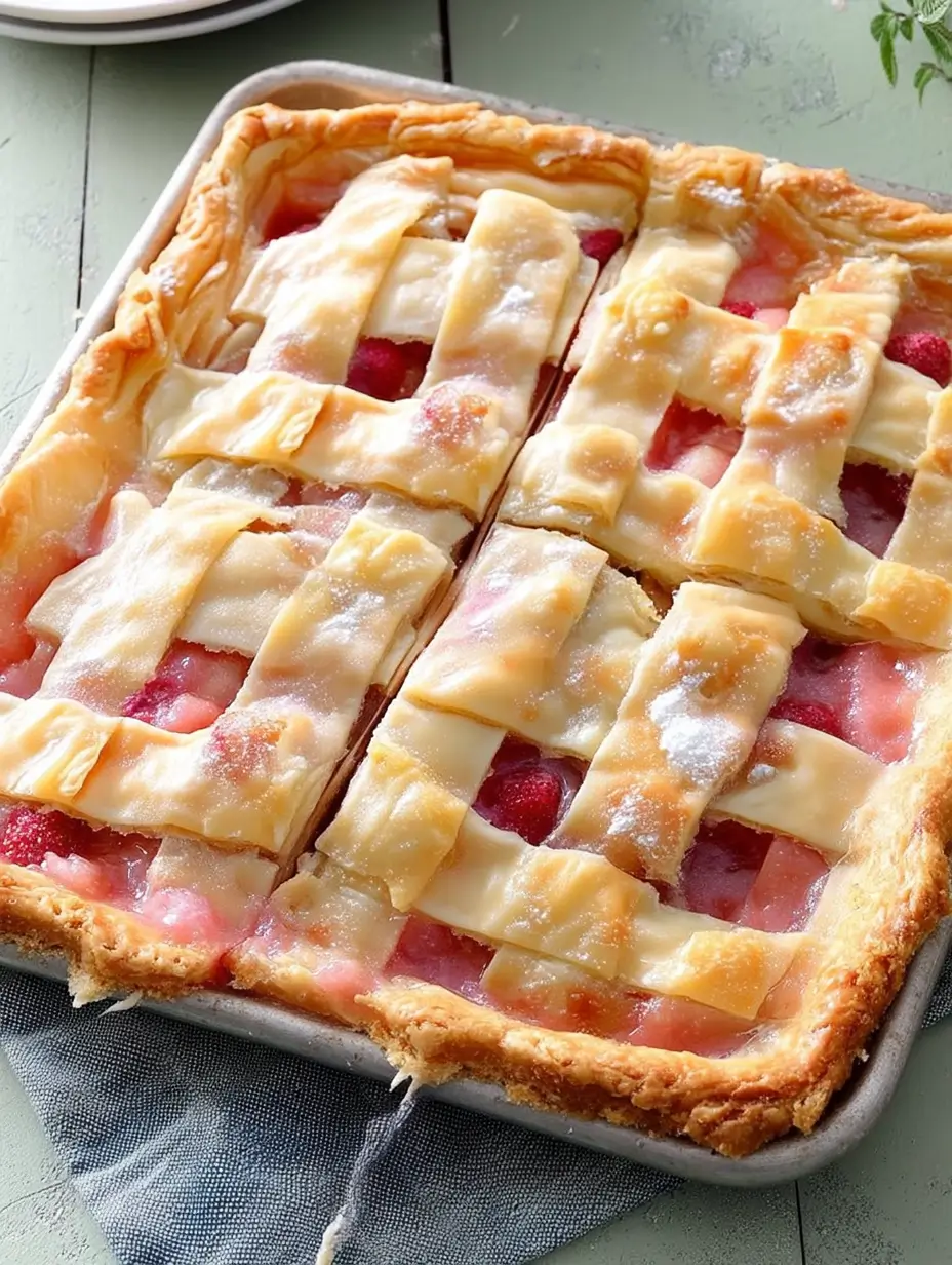 Homemade Raspberry Rhubarb Slab Pie cooling on a baking sheet, filled with juicy raspberries and tart rhubarb