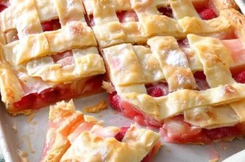 Freshly baked Raspberry Rhubarb Slab Pie with golden lattice crust, served on a sheet pan and cut into squares