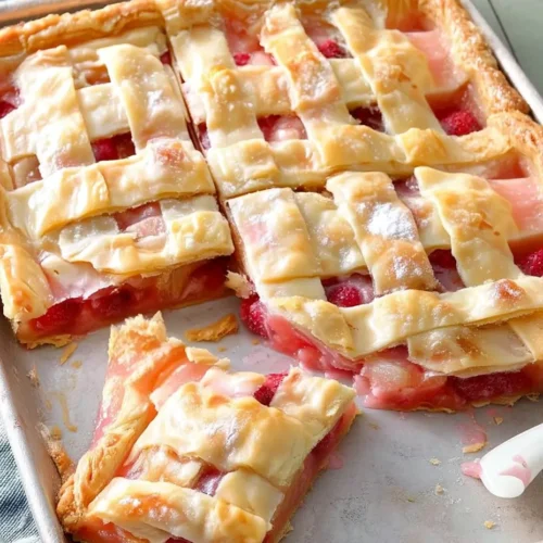 Freshly baked Raspberry Rhubarb Slab Pie with golden lattice crust, served on a sheet pan and cut into squares