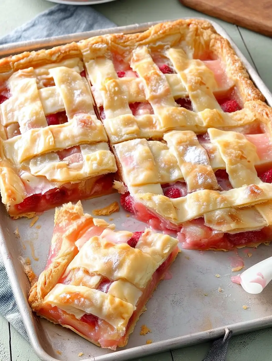Freshly baked Raspberry Rhubarb Slab Pie with golden lattice crust, served on a sheet pan and cut into squares
