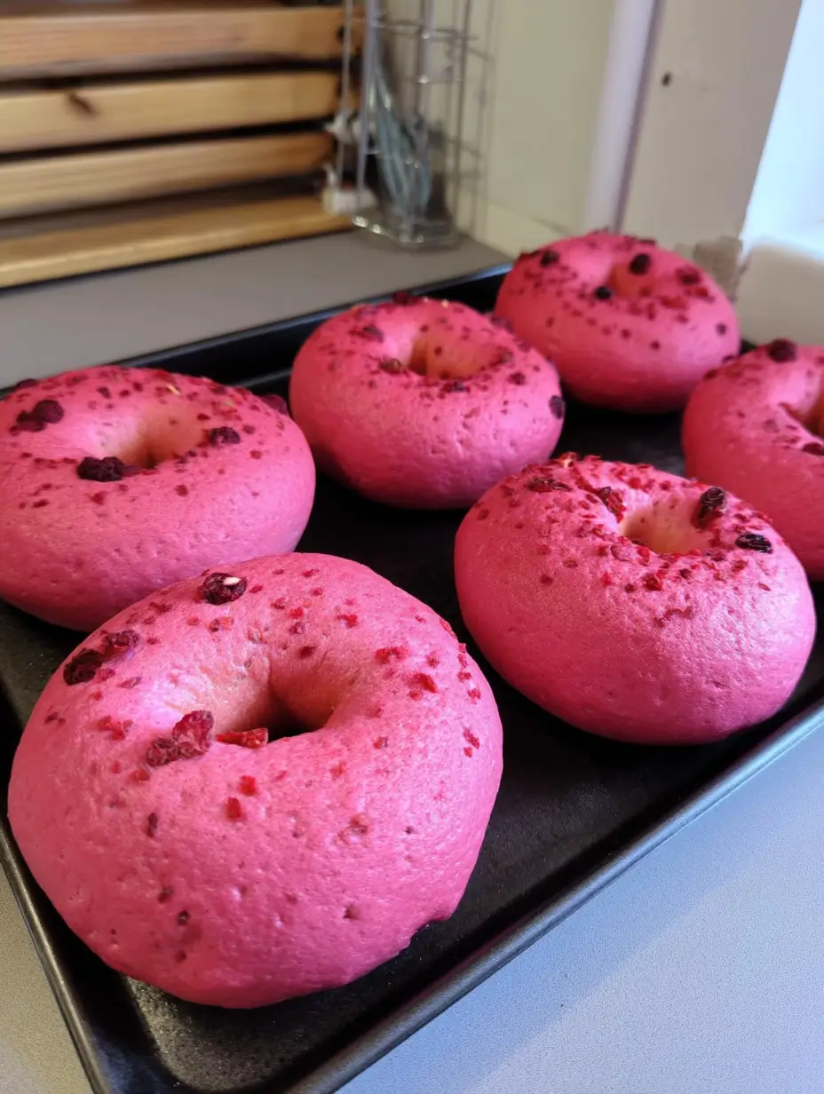 Freshly baked raspberry sourdough bagels with a vibrant pink color and bits of raspberry sprinkled on top, resting on a black baking tray