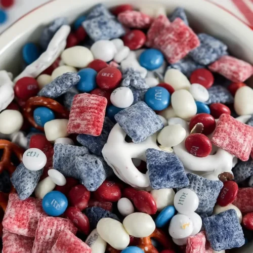 Patriotic party snack mix with M&Ms and pretzels