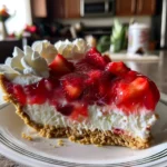 A slice of no-bake strawberry Cool Whip pie on a plate, topped with whipped cream and glistening strawberry filling.
