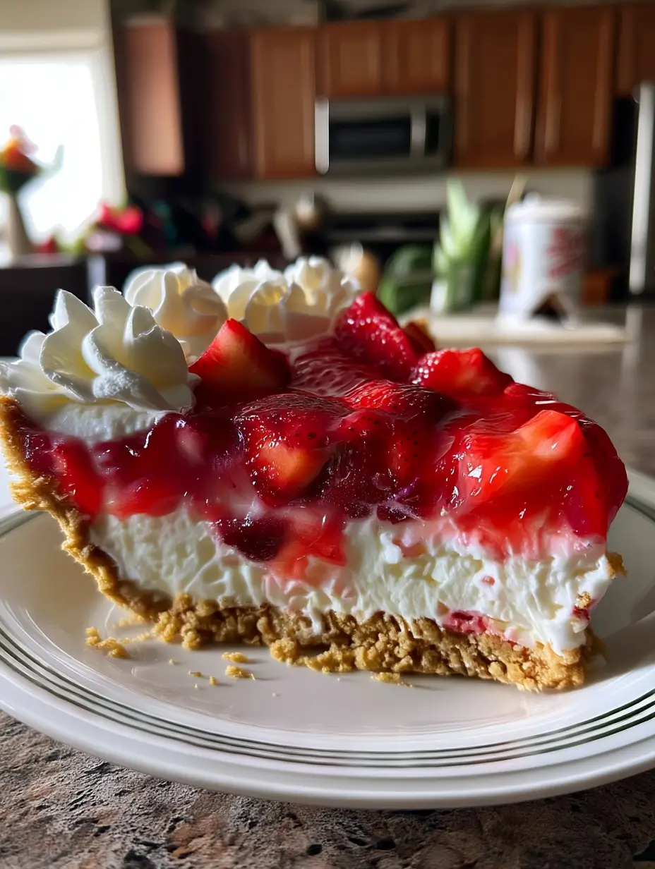 A slice of no-bake strawberry Cool Whip pie on a plate, topped with whipped cream and glistening strawberry filling.