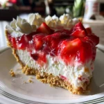 Close-up of a creamy, chilled strawberry pie with a graham cracker crust and layers of fresh berries and whipped topping.