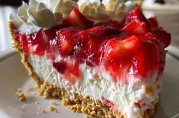 Close-up of a creamy, chilled strawberry pie with a graham cracker crust and layers of fresh berries and whipped topping.